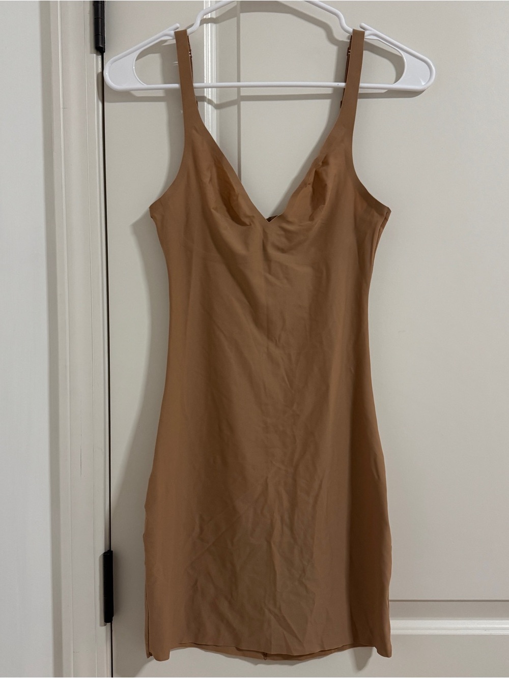 SKIMS Tan Slip Mini Dress with V-Neck
